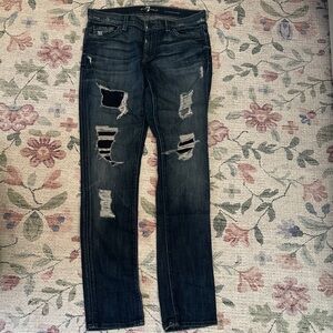 7 For All Mankind Dark Blue Distressed Skinny Jeans